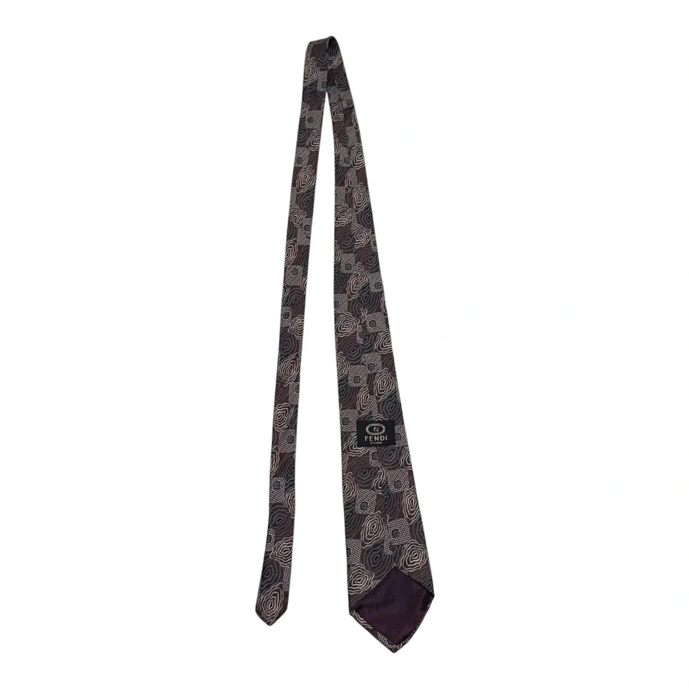 Fendi Designer Silk Geometric Patterned Brown Men's Tie 57.25x3.5‎